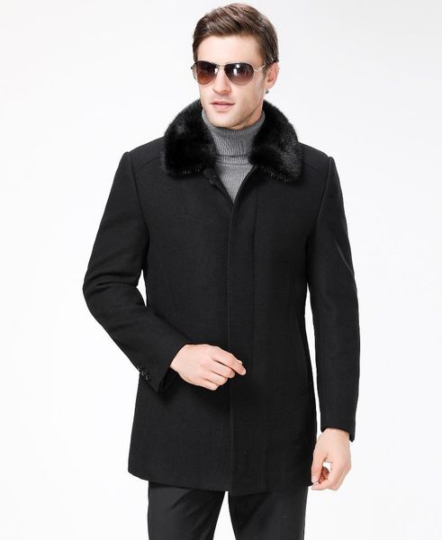 

men's wool & blends winter woollen coat medium length lapel down knick jacket, Black