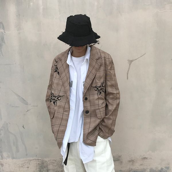 

embroidery korean hip hop oversize suit men and women loose signle breasted casual blazer fall winter couple jackets, Black;brown