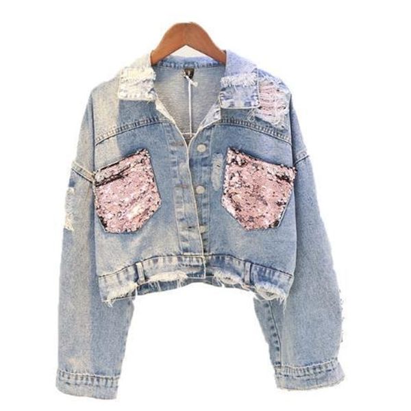 

hole jean 2019 spring short sequin women frayed denim bomber splice unique female jacket y200101, Black;brown
