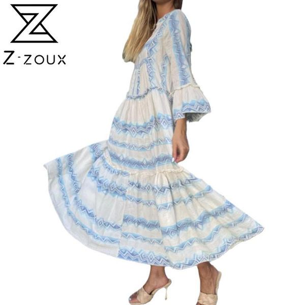 

z-zoux women dress v neck flare sleeve printed bohemia dresses long print floral maxi dress loose long beach summer dresses 2021, Black;gray