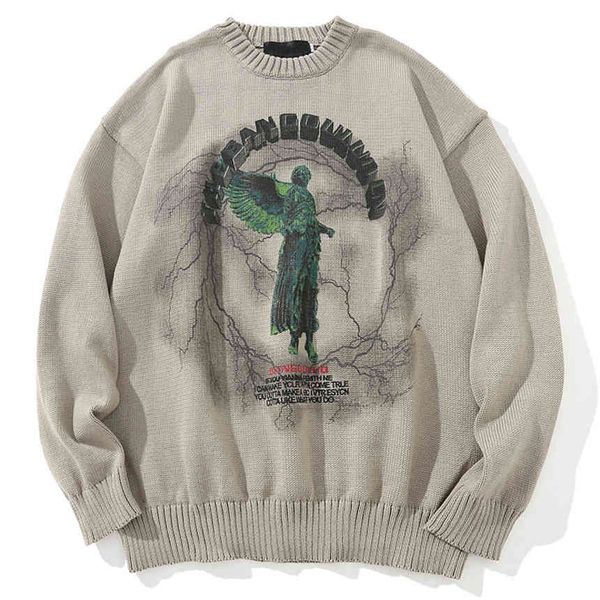 

men's hip hop knitted sweater, angel lightning printed street cloth, harajuku girl, casual pullover, large, autumn, White;black