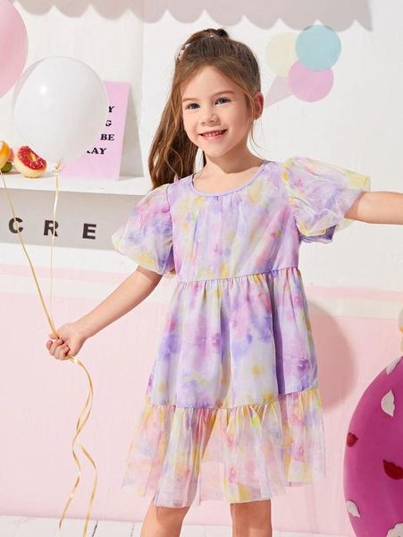 

toddler girls floral print ruffle hem mesh smock dress she, Red;yellow