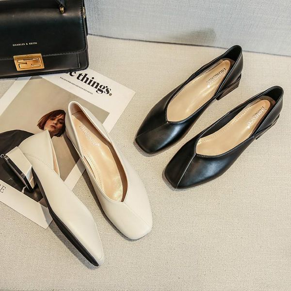 

plus size 33-43 women shoes loafers slip on solid black beige square heel square toe soft comfortable leather women moccasins