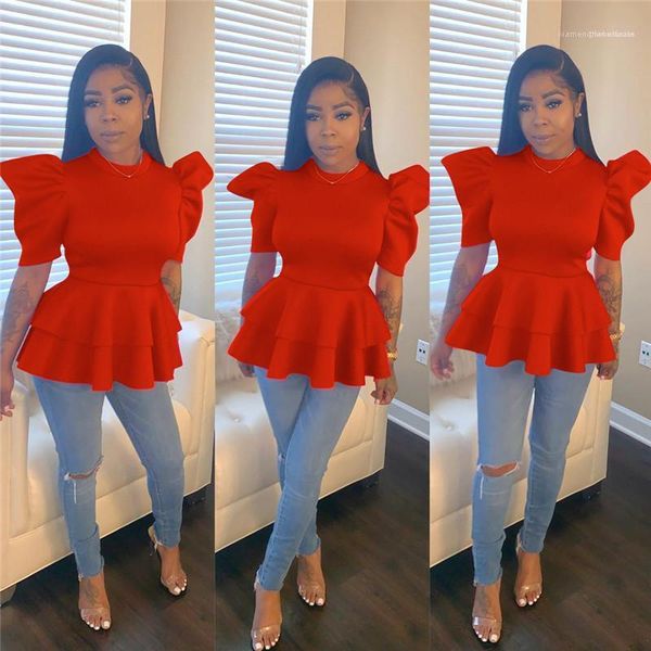 

neck puff sleeve ol style fashion female clothing summer womens designer tees slim solid color printed crew, White