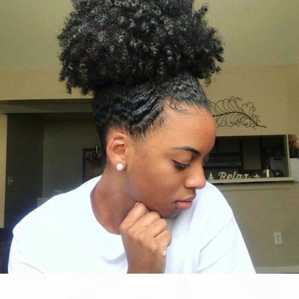 

diva hair bun soft high ponytail puff afro curly drawstring short afro pony tail clip in on ponytail human hair piece 120g, Black