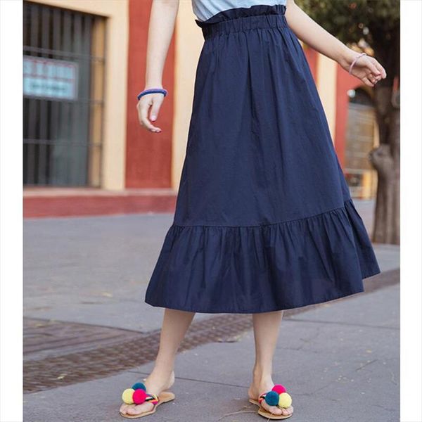 

4 colors autumn summer women elegant sweet skirt girrls 2020 cotton linen pleated ruffles ladies mid calf skirts red navy blue, Black