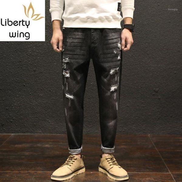 

japan style hole ripped black classical pencil jeans plus size 42 fashion mid waist mens pants casual1, Blue