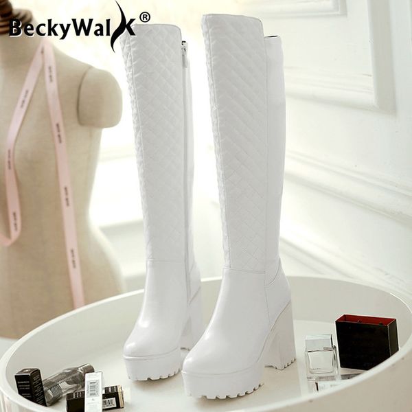 

women fashion white black diamond sewing winter autumn knee high boots square heels long platform boots for women 35-43 wsh3689
