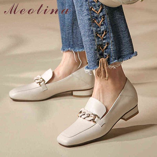 

meotina women's flat leather shoes square toe and chain casual apricot beige 220209, Black