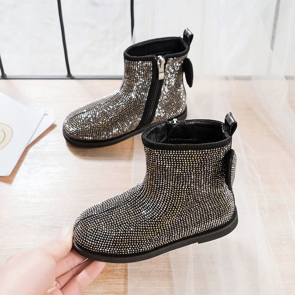 

fashion crystal girls' 2020 winter new rhinestone little princess children' boots, Black;grey