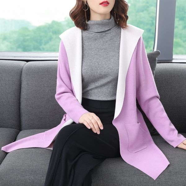 

autumn new sweater women's temperament versatile medium length knitted sweatercoat sweatercardigan autumn new hooded sweater women&#039, White;black