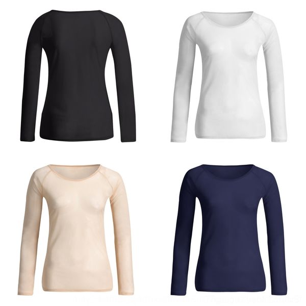 

yienl 2019 sleeve long women's elastic super perspective 2019 women's long sleeve thin super elastic t-shirt t-shirt perspective t, White