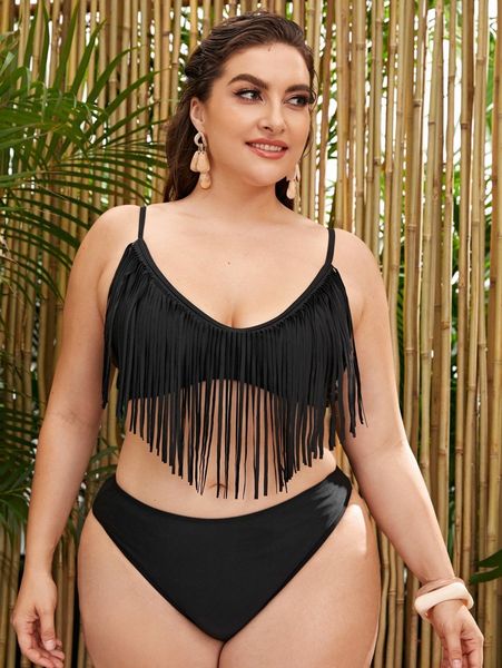 

plus fringe trim bikini swimsuit q2ve#, Black