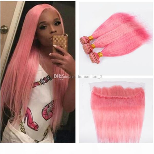 

fashion pink hair weaves with lace frontal closure 4pcs lot silky straight pink human hair bundles with 13x4 lace frontal closure, Black;brown