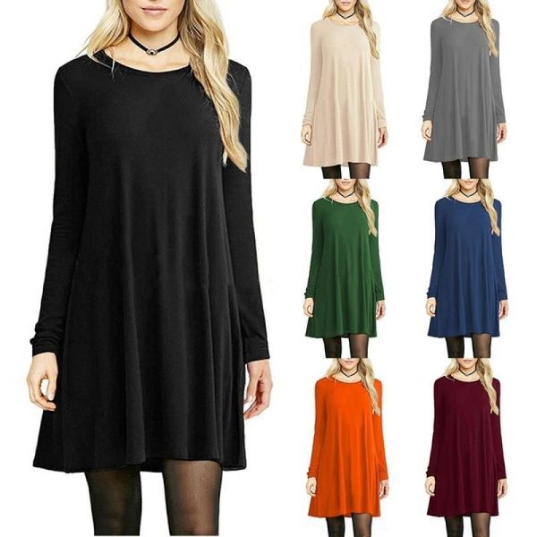 

2021 women long sleeve dress o neck pullover solid color dress loose mini dress plus size 5xl, Black;gray