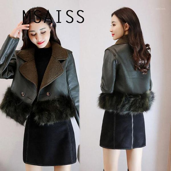 

msaiss winter women raccoon hair fur leather jacket warm ladies short leather jacket button faux fur1, Black