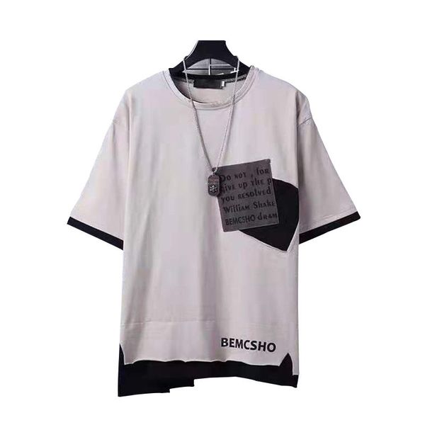 

casual men's t-shirt retro splicing pocket o-neck summer short sleeve kg-198, White;black