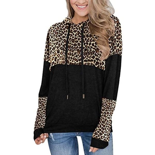 

women long-sleeved drawstring sweatshirt patchwork sweatshirts casual leopard-print knit hoodie kg-676, Black
