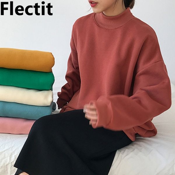 

flectit winter warm oversized sweatshirt without hood mockneck sweatshirt big size casual women's hoodies & sweatshirts / 201202, Black