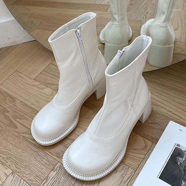 

boots female 2020 new autumn british wind pu leather thick with short boots motorcycle black white women shoes1