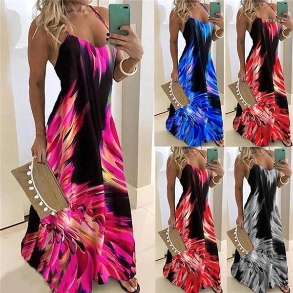 

size plus women spaghetti strap long dress v neck printed boho maxi dress big swing summer beach dresses party tunic robe1, Black;gray