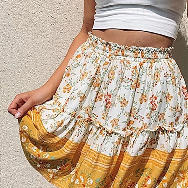

summer bohemian skirt women casual vintage high waist floral print beach ruffled short skirt women skirts saias femininas, Black