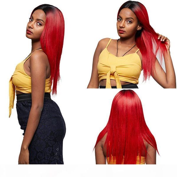 

парик волос красный human ombre dark root preplucked virgin перуанский длинные прямые ombre красный полный шнурок человеческих волос парики, Black;brown