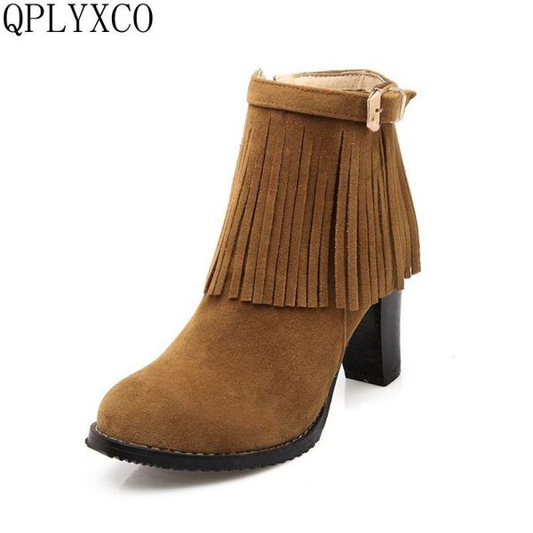 

qplyxco 2021 new sale big small size 30-48 women ankle short fringe boots high heels zipper winter snow boot warm shoes 160-6, Black