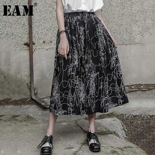 

eam] high elastic waist black pattern printed temperament half-body skirt women fashion tide new spring summer 2020 1x6281