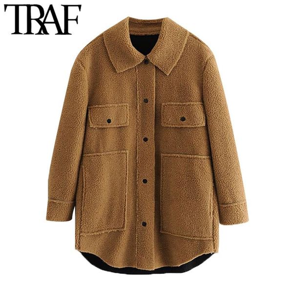 

traf women fashion oversized double-faced faux fur teddy coat vintage long sleeve pocket female outerwear chic overcoat, Black