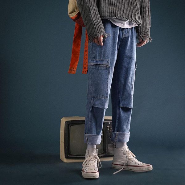 

men's jeans wholesale 2021 fall/winter teenagers casual pants loose-fitting harem denim multi pocket, Blue