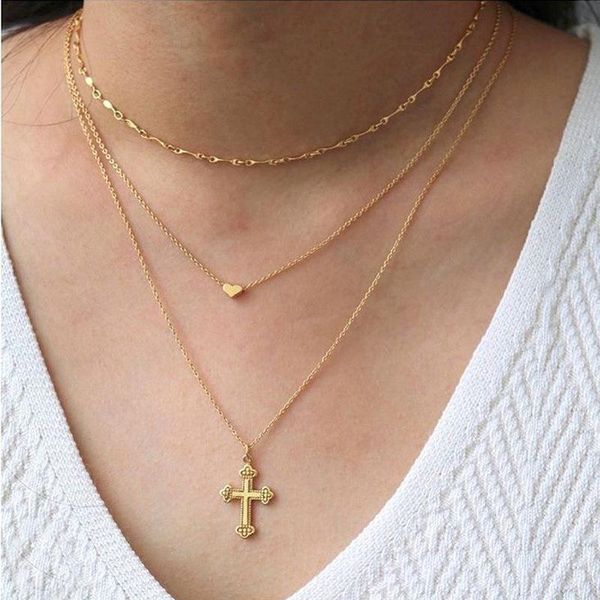 

bacolod cross shaped gold color alloy pendant necklaces vintage link chain party jewelry accessories heart women necklace, Silver