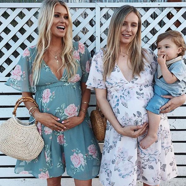 

summer maternity dresses floral printed pregnancy clothes 2020 women v-neck belt knee-length dress for pregnant sundress1, White