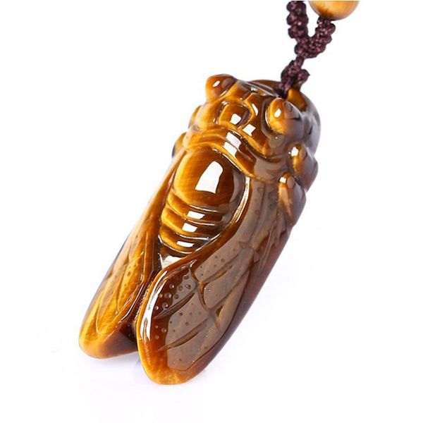 

drop shipping tigers eye stone pendant hand carved cicada necklace with chain lucky amulet fine jewelry g q1105, Silver