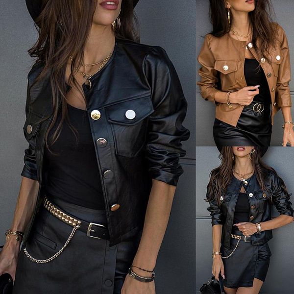 

spring and autumn jacket for women slim short leather coat pockets fashion long sleeve outwear motorcycle leather solid coat d30, Black;brown