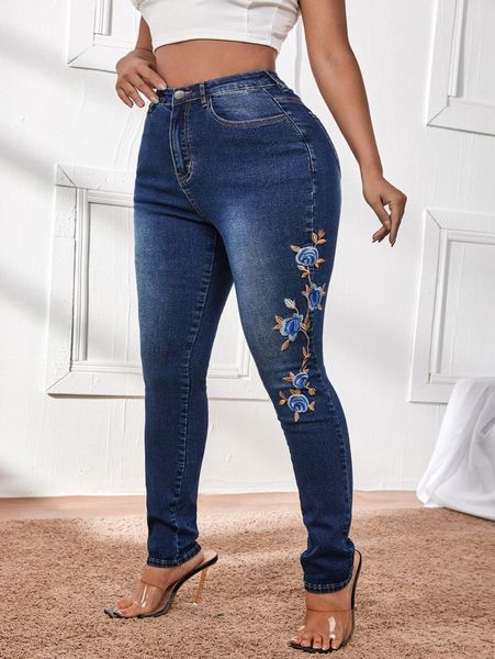 

high waist floral embroidered skinny jeans p3zb#, Blue