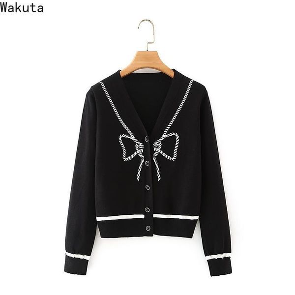 

wakuta elegant short cardigan sweater women long sleeve v-neck autumn winter 2021 new loose bow embroidery feminina coats, White