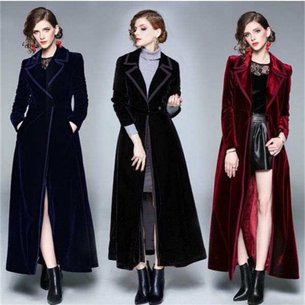 

new 2019 winter runway designer women vintage notched collar wrap black velvet maxi coat thick warm long trench coat outwear 1028, Tan;black