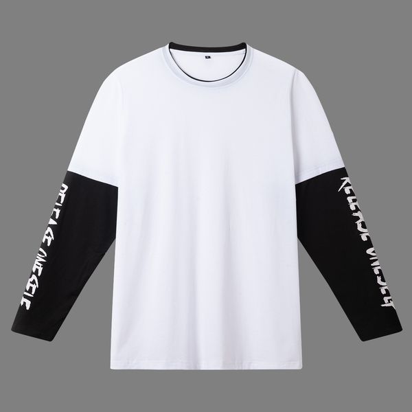 

european and american large size new loose cotton crew neck stitching contrast color teenagers long-sleeved t-shirt 424, White;black