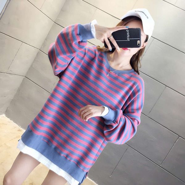 

stripe new versatile fall super 2020 fire cec sweater loose korean fake two piece women's coat, Black