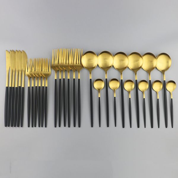 30 pcs Preto Cutelaria De Ouro Definir Luxo Dinnerware Fashion Fashion 304 Silver Utensílios De Aço Inoxidável Jantar Faca De Faca De Forquilha De Louça De Colher Set 20116