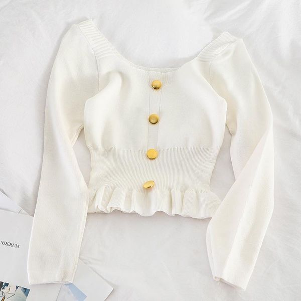 

blouse white knitted buttoned up shirts v-neck long sleeve deep v-neck shirt female pleated shirt women 2020 autumn1