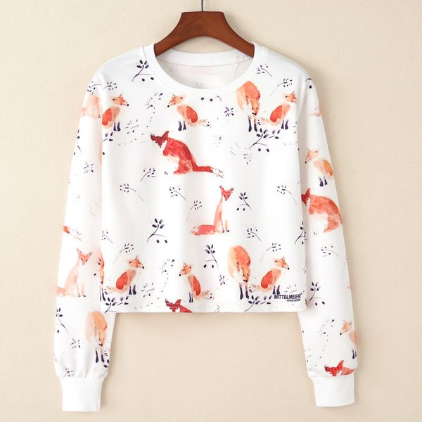 

spring autumn new european fox and branches print t-shirts women casual long sleeve short shirts femme fashion basic clothing 201125, White
