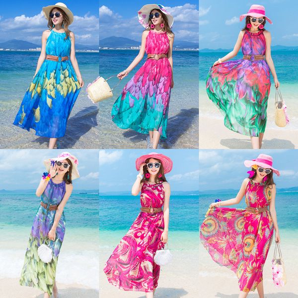 

2021 casual sleeveless halter plissado dresses floral summer robe printed long dress wegn, Black;gray