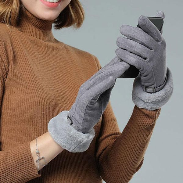 

touch screen suede leather plus velvet outdoor sport mittens driving gloves women gloves hand warmer full finger faux fur, Blue;gray