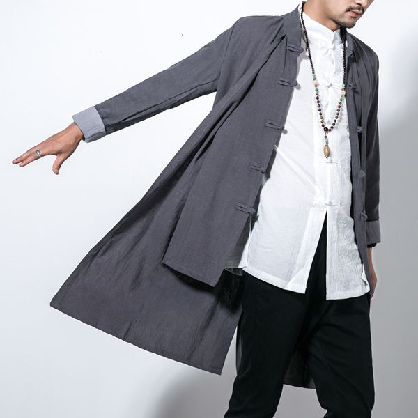 

autumn style leisure medium length windbreaker men's chinese hanfu large size fake two pieces of cotton and linen cape coat, Tan;black