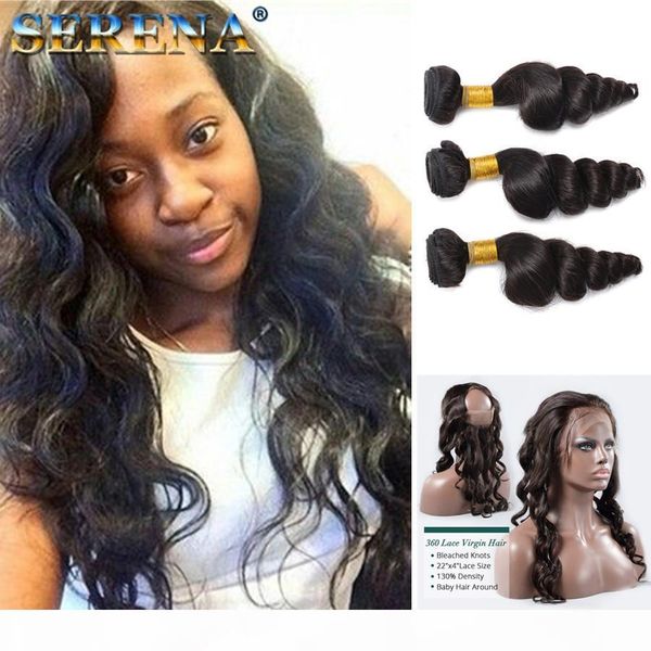 

360 lace frontal closures with 3 bundles brazilian loose wave virgin human hair weaves peruvian indian malaysian cambodian loose curly hair, Black;brown