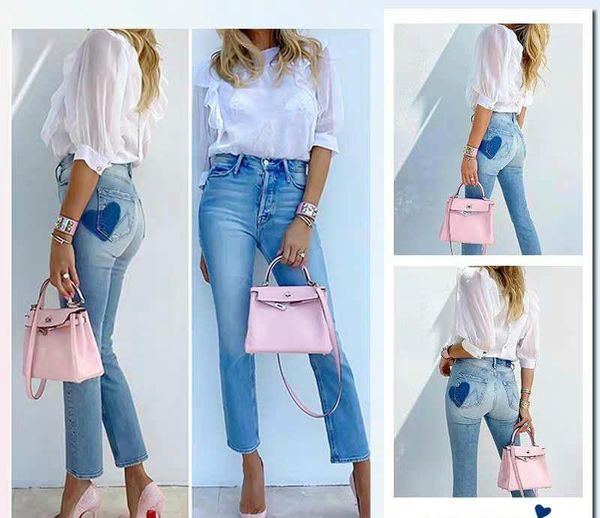 

new high ankle_length pants straight ripped love cloth sticking fart pocket slim light blue versatile fashion jeans woman1