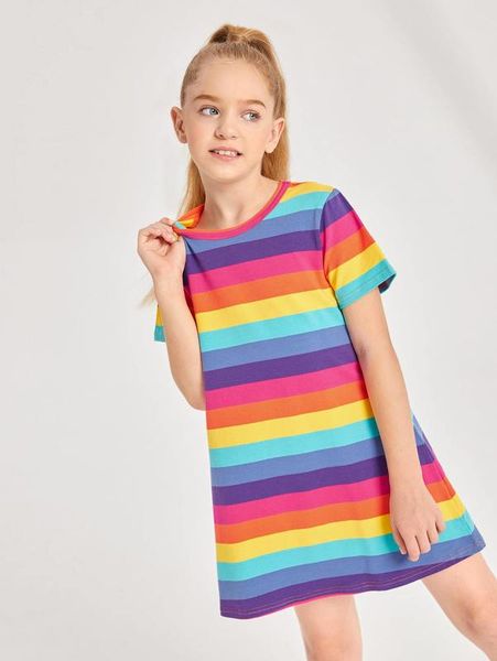 

girls rainbow striped tee dress she, Red;yellow
