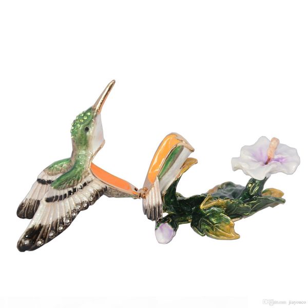 

hummingbird crystal bejeweled trinket jewelry earring box vintage metal decoration gift for her pewter ornament, Black;white